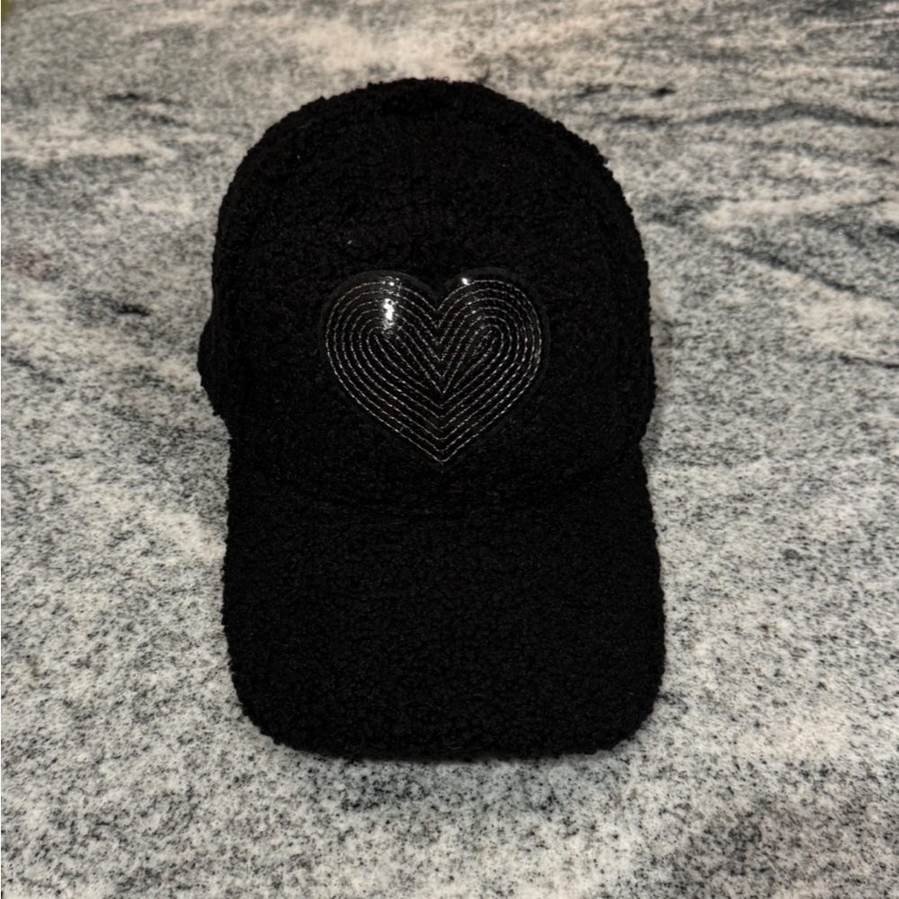 New Custom Designed Black Fleece Teddy Baseball Cap w/ Large Black Sequin Heart.